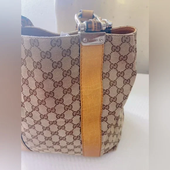 Gucci Bamboo Bar GG Monogram Canvas Shopper Tote Yellow Leather Braided Handles - Picture 4 of 14